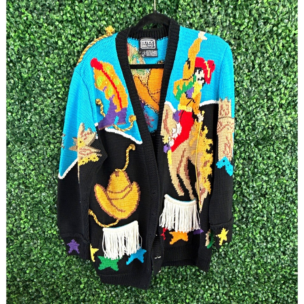 Berek Western Cowgirl Graphic Fringe Open Front V-Neck Knit Cardigan Sz L